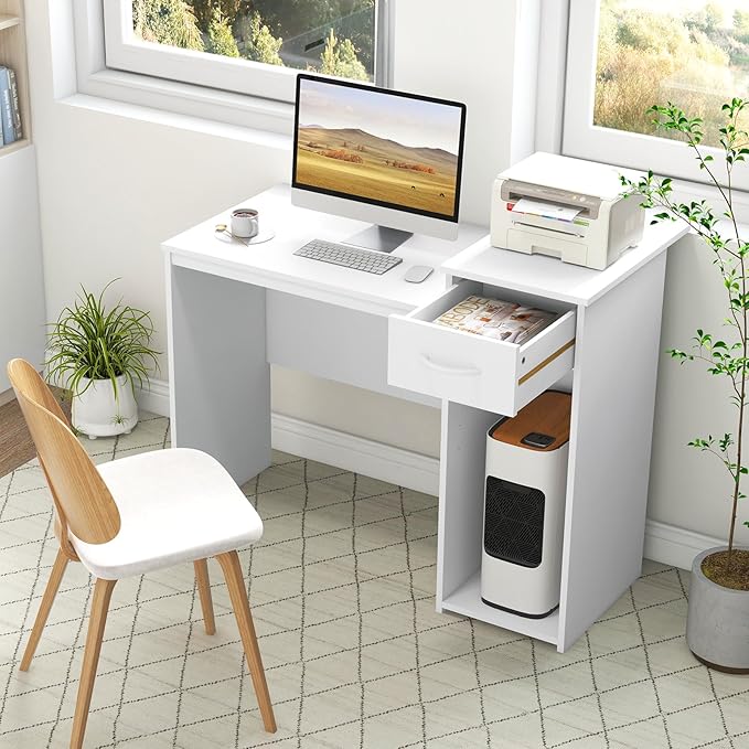 Giantex Computer Desk with Storage Modern PC Laptop Table with Printer Shelf Drawer CPU Stand &amp Cable Hole Compact Study Writing Desk Workstation for Small Spaces Home Office White