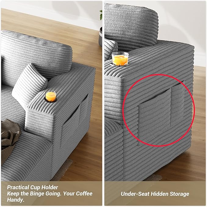 110 Modular Sectional Sofa Cloud Couch Modern Deep Seat Fluffy Corduroy Boneless Couch with Cup Holder Comfy L Shaped Sectional Couches for Living Room Bedroom. (Right Facing Grey)