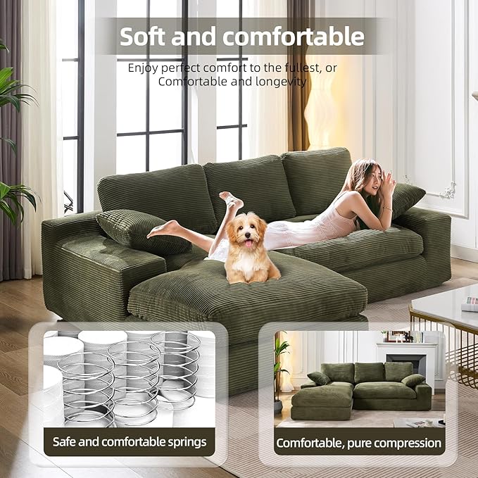 98.4 Green Sectional Sofa Cloud Modular Sectional Couch with ChaiseCorduroy Sectional Couches L-Shaped Modern Upholstered Sofa with Deep Seat for Living Room and BedroomNo Assembly Required(Green)