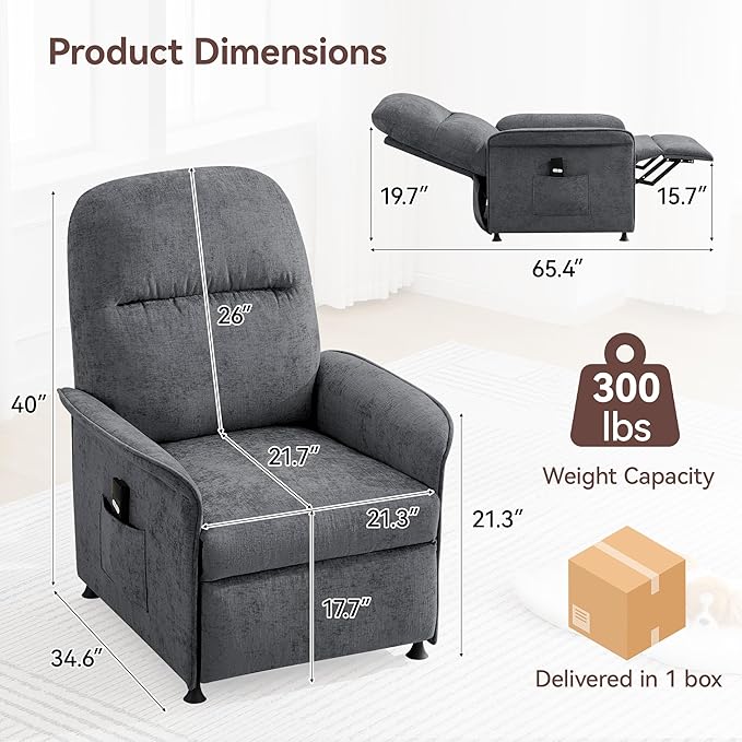 Power Recliner Chair for Adults Modern Reclining Single Sofa with Curved Armrest Comfy Ergonomics Electric Recliner Adjustable Reading Chair for Living Room Bedroom Chenille Light Grey