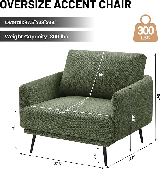 Oversized Accent Chair for Living Room Chairs Reading Arm Chair Comfy Modern Single Sofa Side Chairs with Metal Legs &amp Soft Cushion for Bedroom Waiting Room