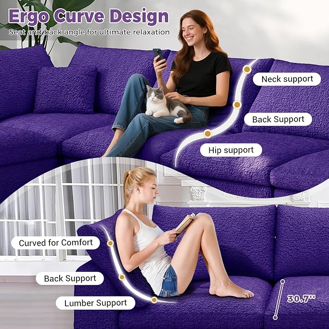 137 Inch Modular Sectional Sleeper Sofa Boneless Cloud Couch for Living Room U Shaped Sofa Free Combination No Assembly Required (Purple 137 inch - U Shape 6 Seat)