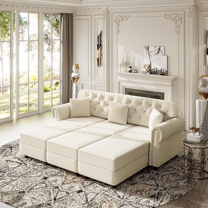82.6 Width Beige Velvet Upholstered Sectional Sofa with 3 Footrests Button Tufted Back Nailhead Trim &amp Rolled Arms Modern Chesterfield Style Living Room Couch with 3 Pillows