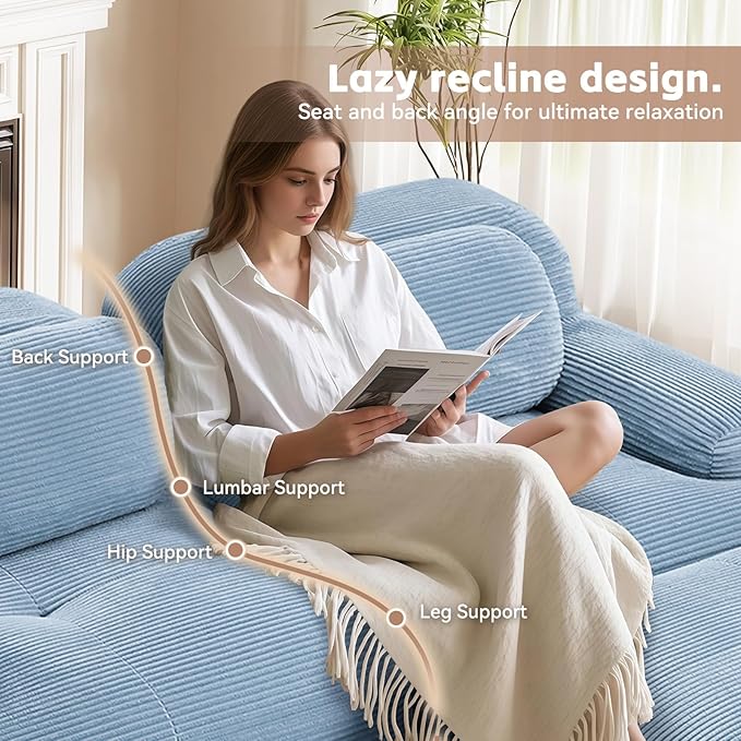 81.8 L Shaped Sectional Cloud Sofa CouchCorduroy Modern Memory Foam Boneless Modular Couches Chaise for Living Room Bedroom(2-Seater&amp1 OttomanBlue)