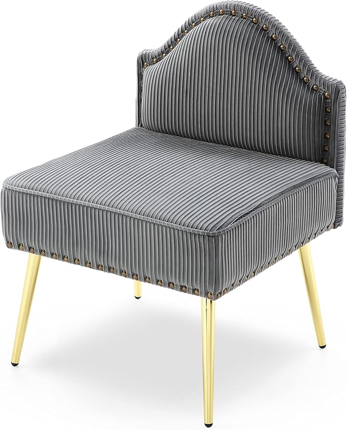 Modern Upholstered Pleated Velvet Accent Chair Tufted Dining Office Chairs Armless Slipper Chair Mid Century Side Chair Single Luxury Sofa Chair with Golden Legs for Living Room Small SpaceGrey
