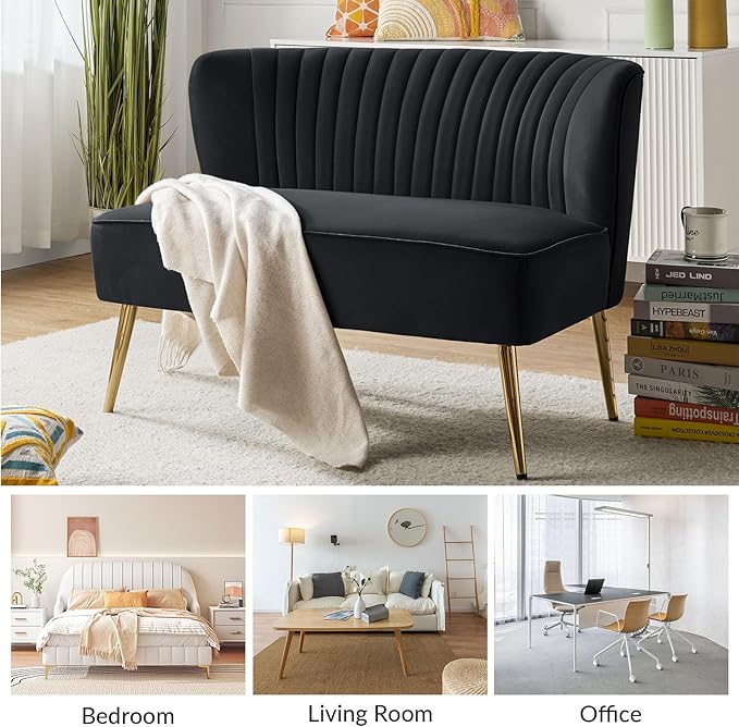 HULALA HOME Velvet Loveseat Sofa with Gold Legs Mid-Century Modern Upholstered Love seat Couch Tufted Small 2-Seat Sofa Armless for Living Room Bedroom Apartment Small Spaces Black