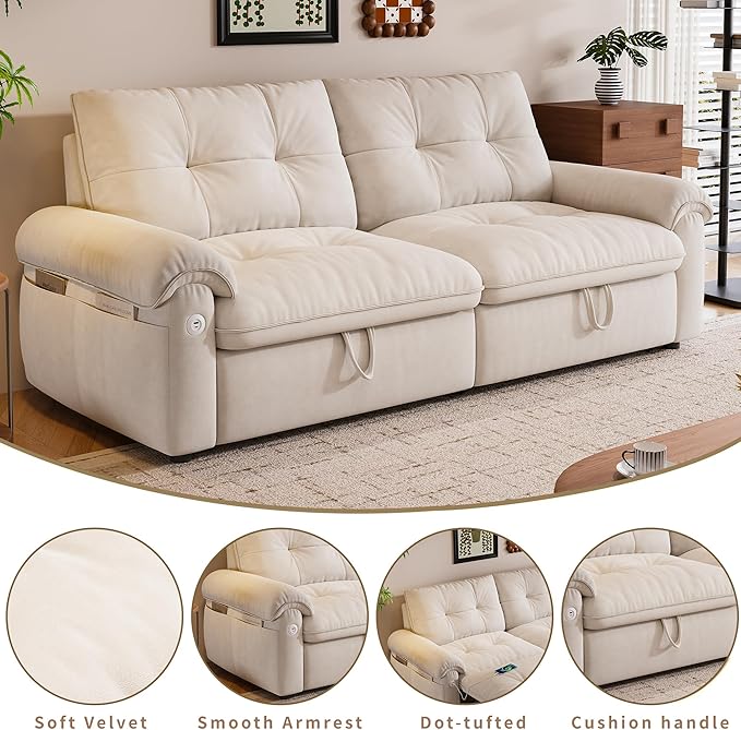 77 Queen Size Sofa Bed Loveseat Sleeper Sofa with Pull Out Bed Pockets and USB Velvet Fabric 2 Seater Convertible Small Couch for Living Room Bedroom Apartment Beige