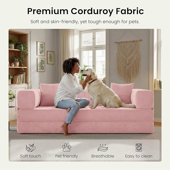 78.8 Convertible Futon Sofa BedCorduroy Futon Couch with Storage PocketFolding Pull Out SofaNo Assembly Boneless Couch for Living Room | Pink