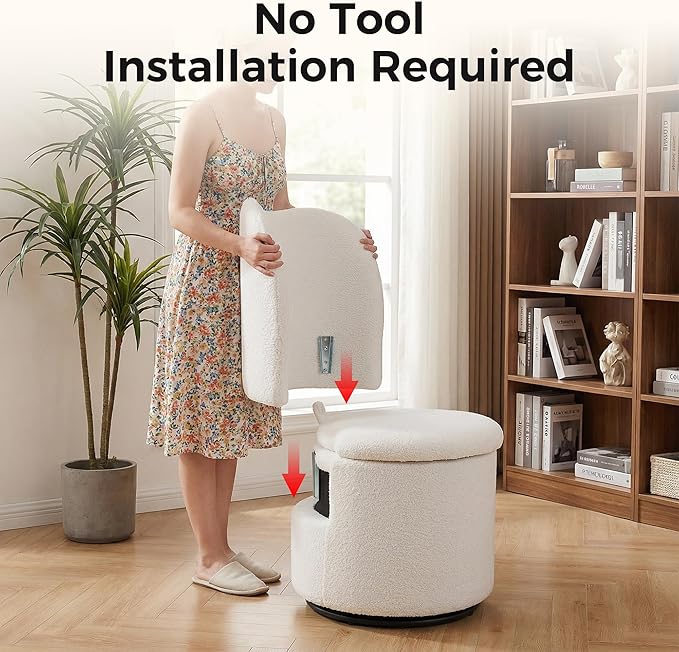 Swivel Teddy Vanity Chair with Storage Upholstered Vanity Stool with Back Sherpa Vanity Stool Chair Round Makeup Chair Swivel Accent Chair Barrel Armchair Soft Padded Seat for Living Room Bedroom