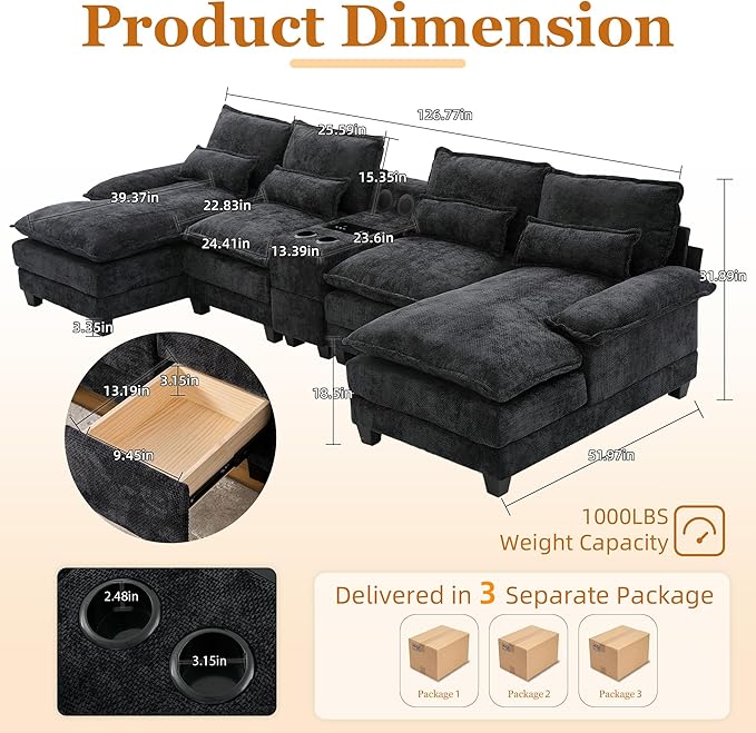 126 Modular Sectional Sofa with Storage Console Cloud Couch Chenille U-Shaped Sofa Cup Holders &amp Wireless Charger Memory Foam Double Chaise for Living Room Office Black