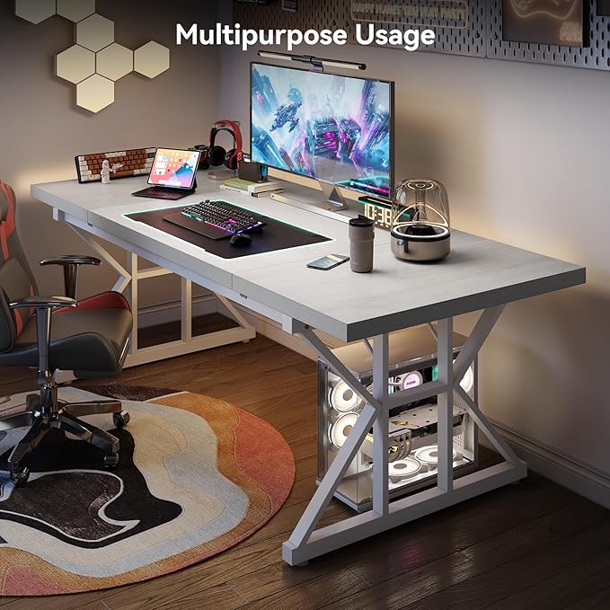 LITTLE TREE 70.8-Inch Large Executive Desk Extra Long Computer Office Desk Workstation Modern Simple Style Laptop Table Sturdy Wooden Writing Workstation for Home White