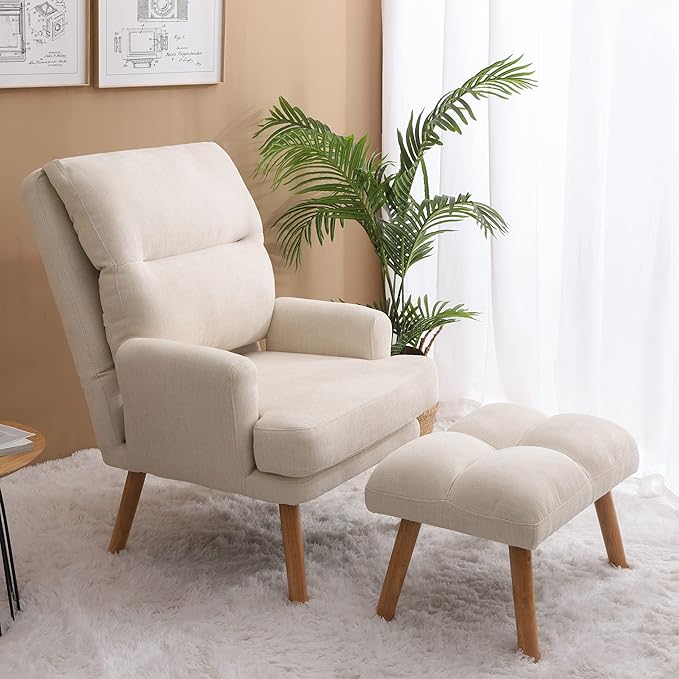 Accent Chair with Ottoman SetFabric Armchair with Wood Legs and Adjustable High BackrestUpholstered Lounge Chair for Living RoomBedroomReading Room and Study (Beige)