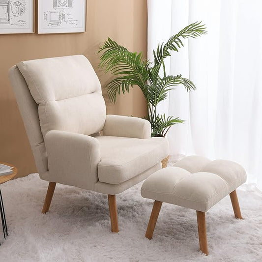 Accent Chair with Ottoman SetFabric Armchair with Wood Legs and Adjustable High BackrestUpholstered Lounge Chair for Living RoomBedroomReading Room and Study (Beige)