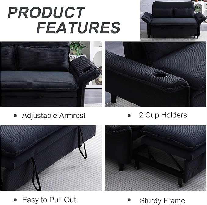 3 in 1 Convertible Sleeper Sofa Bed Loveseat Sleeper 65” Pull Out Couch Adjustable Armrest and Backrest with 2 Pillows for Living Room Bedroom (Black)