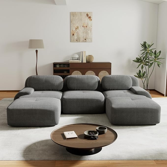 117.3” U Shaped Boneless Couch with Ottoman Corduroy Modular Sectional Sofa Comfy 5 Seater Cloud Sofa Sectional Deep Seat Modern Upholstered Couches for Living Room No Assembly Required