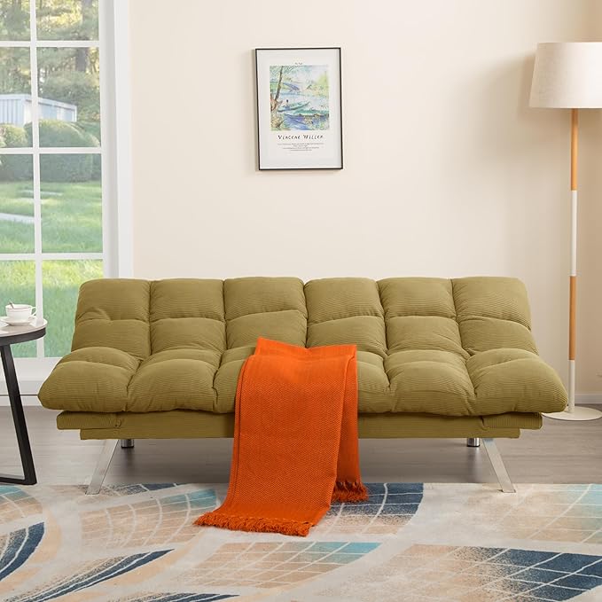 67” Convertible Futon Couch Bed Adjustable Pillow Top Arm Memory Foam Cloud Futons Loveseat Modern Light Gray Corduroy Mini Small Sofa Couches for Living Room