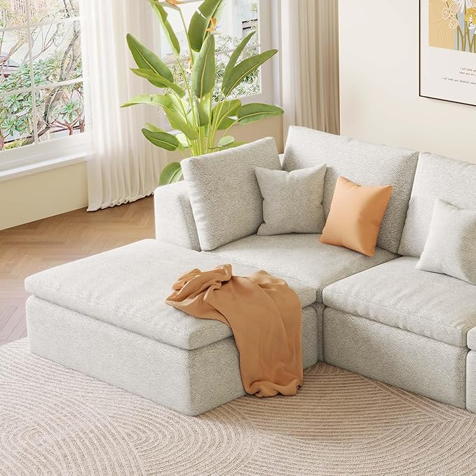 39.4 Oversized Ottoman Foot Rest for Sectional Couch Movable Cloud Rectangle Ottoman with Memory Foam and Soft Teddy Fleece Modular Pouf No Assembly Required Non-Slip Bottom (Beige)