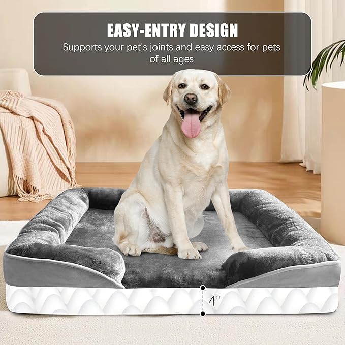 Orthopedic Dog Bed with Sides - Dog Sofa Beds for Extra Large Dogs Supportive Foam Pet Couch Bed with Washable Removable Cover Waterproof Lining and Non-Slip Bottom Grey - XL
