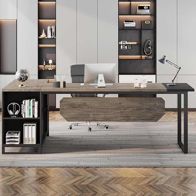 Tribesigns 70.8 Executive Desk with 55 File Cabinet Industrial L Shaped Computer Desk with Storage Shelves and Cabinet Large L Shaped Executive Desk for Home Office Retro Gray &amp Black