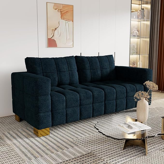 81.89 Sofa Comfy 3 Seat Sofa Tufted Chenille Upholstered Sofa Couch for Living Room with Gold Metal Legs and 2 Throw Pillows (Blue-N)