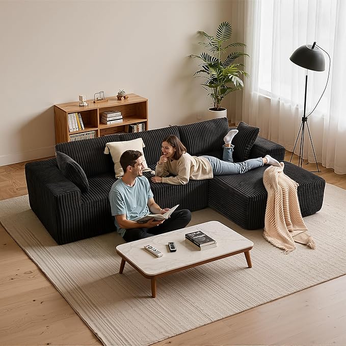 Apicizon 113 Boneless Sectional Couch for Living Room L Shaped Sectional Sofa Couch with Left Chaise Longue Modular Sleeper Sofa for ApartmentNo Assembly Required (Stripe Corduroy Black)