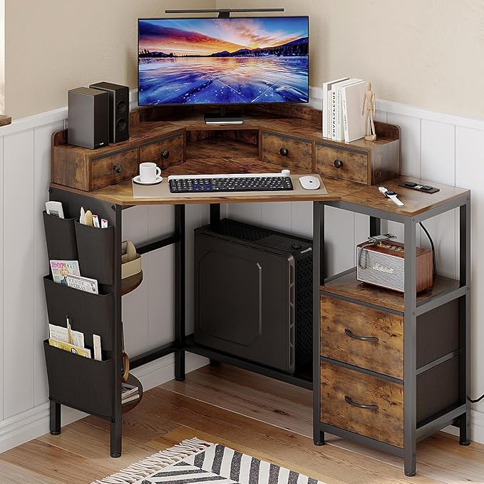 Corner Desk with 6 Fabric Drawers Shelves for Small Space Computer Desk with Power OutletsGaming Desk with Printer Monitor Stand Storage for Home Office Workstation Writing Table Brown