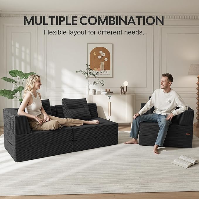 COMAX Futon Sofa Bed 3 Seater 106 Convertible Sofa Bed Couches for Living Room 4 in 1 Folding Boneless Sleeper Corduroy Couch Foam in a Box Comfy Foldable Lounge Fold Out Floor Mattress Black