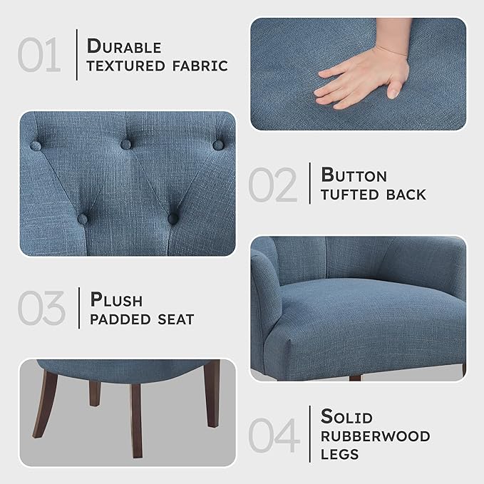 Lexicon Modern Accent Chair Textured Fabric Upholstered Arm Chair with Button Tufted Back Sloped Flared Arms and Wooden Legs for Living Room/Bedroom Blue