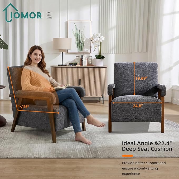 Mid Century Modern Accent Chair Upholstered Armchair with Thick Seat Cushion and Solid Wood Frame Thick and Comfy Innerspring Seat Cushion Short Plush Fabric Arm Chair for Living Room(2Dark Grey)