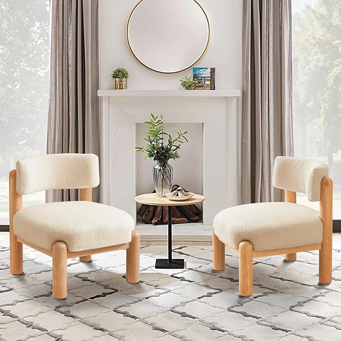 Furniliving Mid Century Accent Chair Armless Upholstered Living Room Chair with Solid Wood Comfy Modern Lounge Chairs for Bedroom Home Office Dining Room Reading Room Beige White