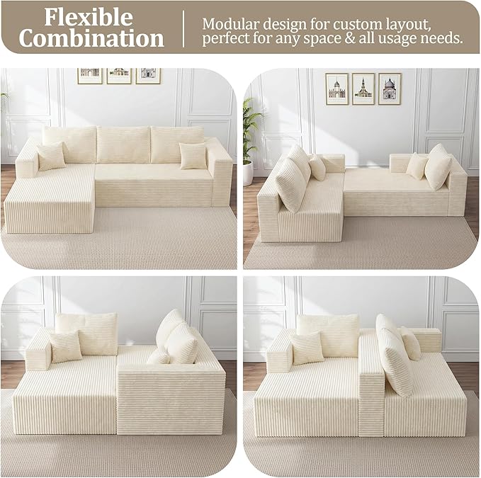 92.5 Modular Sectional Sofa L-Shaped Cloud Couch with Deep Seat &amp Chaise Premium Corduroy Boneless Couches for Living Room/Bedroom/Small Space No Need Assembly - Beige