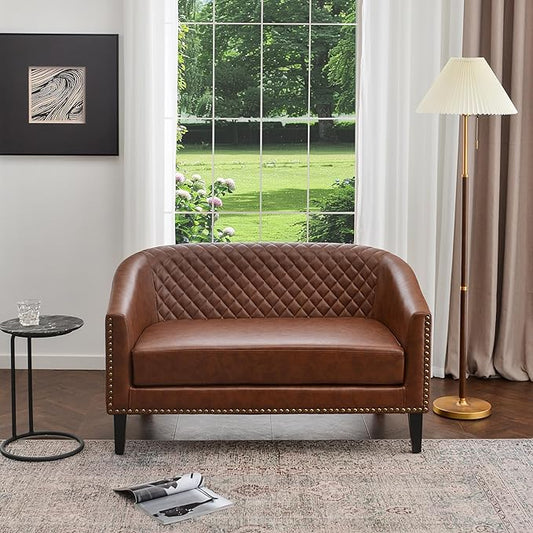 KINWELL 50 Faux Leather Small Barrel Love Seat Settee Diamond Tufted Back Compact Loveseat Sofa with Nailhead Trim Modern 2-Seater Couch with Solid Wood Legs for Small Spaces Apartments Brown