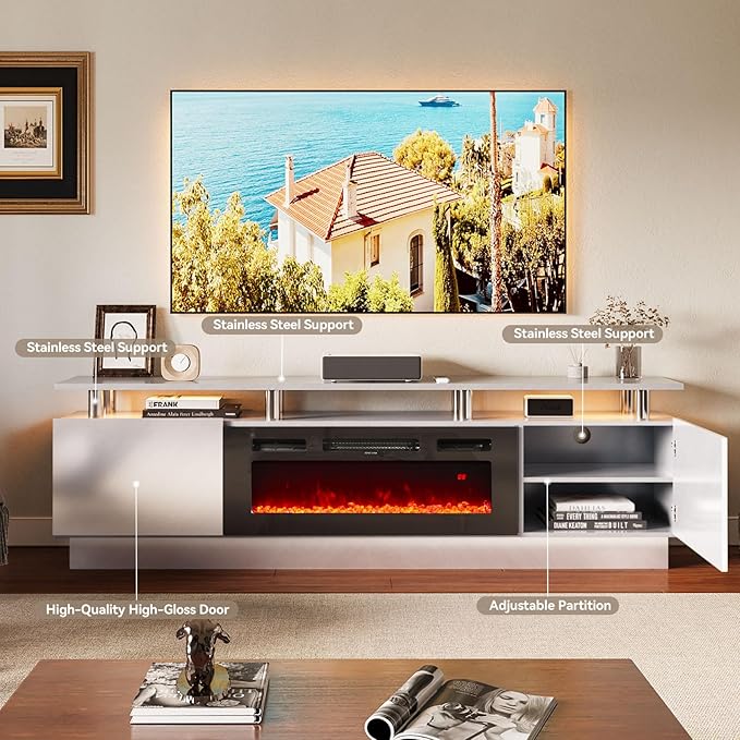 80 TV Stand &amp Entertainment Center Media Console with Storage Cabinet Fits TVs up to 90 Modern Living Room Furniture 36 Electric Fireplace (Grey+Black)