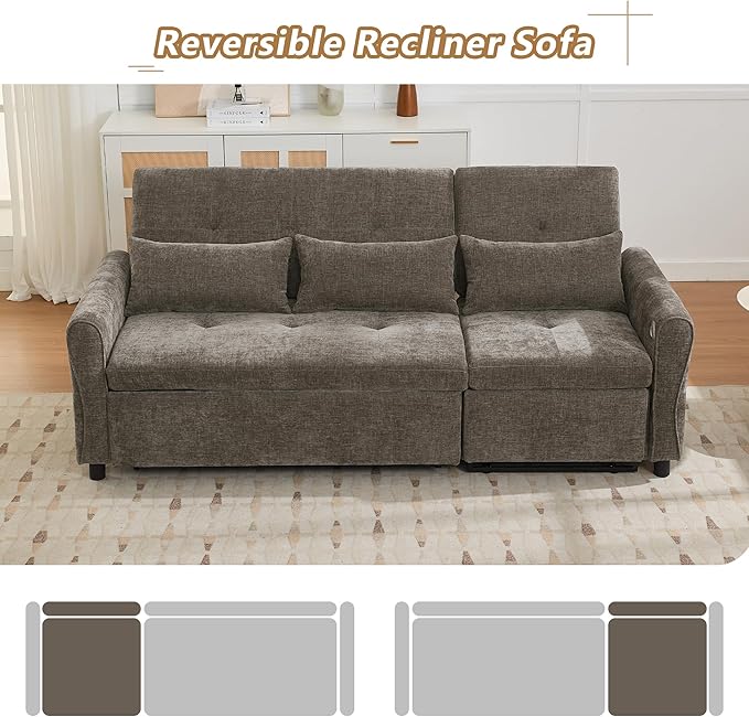 Merax 2-in-1 Convertible Sofa Bed &amp Recliner Sofa 82 3-Seater Sofa Pull-Out Sleeper Sofa 3 Level Adjustable Backrest Reversible Left/Right with USB Charging Ports Easy to Assemble (Dark Gre