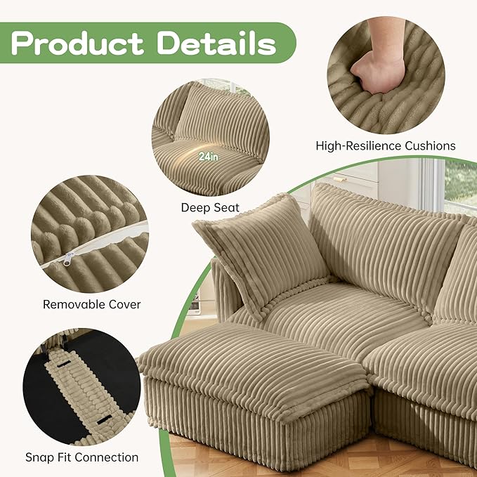 Modular Sectional Sofa Cloud Couch 156.6 U Shaped Sofa Comfy 4-Seat Couch with Ottoman &amp Removable Cover Oversized Sofas Set for Living Room Apartment Camel Corduroy