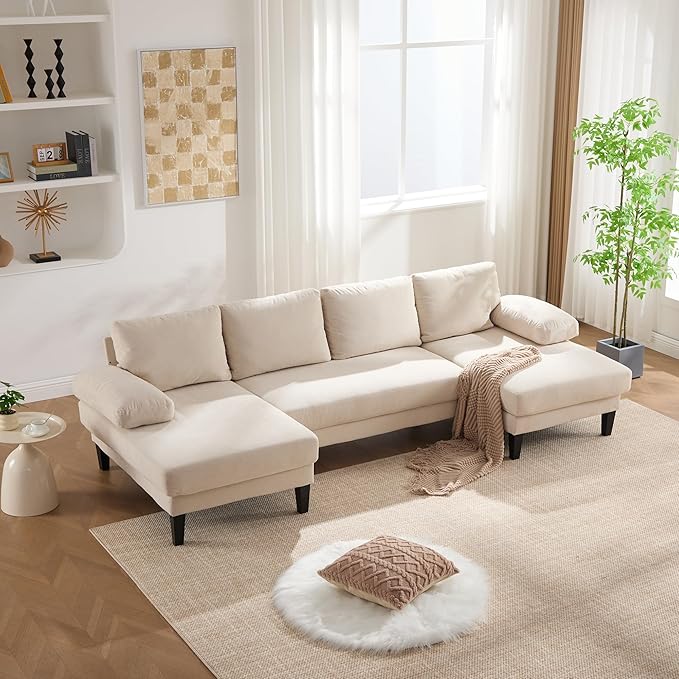 112 U-Shaped Sectional Sofa Couch with Double Chaise - 4-Seat Modular Living Room Furniture Linen Upholstered Design for Apartments/Reception Rooms (Beige)