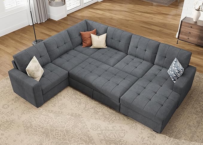 HONBAY Sectional Sleeper Sofa Sleeper Sofa Couch with Storage Chaise Sectional Couch with Pullout Bed for Living Room Bluish Grey