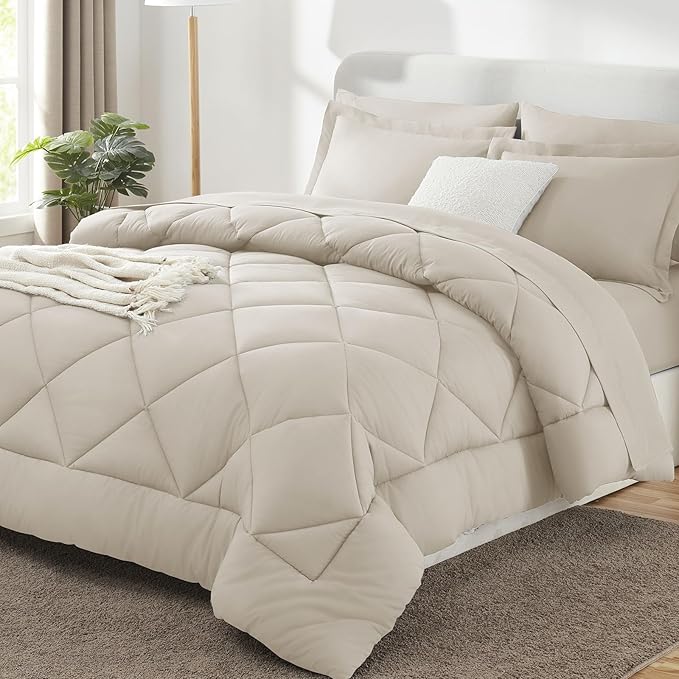 CozyLux King Size Comforter Set Beige - 7 Pieces Bed in a Bag King Luxury Soft Bed Set for All Seasons Bedding Set with Down Alternative Comforter Sheets Pillowcases &amp Shams