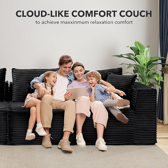 107 Modular Sectional SofaModern Cloud Sectional Couch with Deep Seat L-Shape Boneless Couch with Chaise for Living Room Apartments Bedroom No Assembly Required (3 Seater + 1 Ottoman)Black