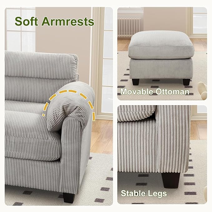 115 Modular Sectional U Shaped Corner Sofa with Movable Ottoman Corduroy 6-Seater Couches with Thick Cushion for Living Room Grey