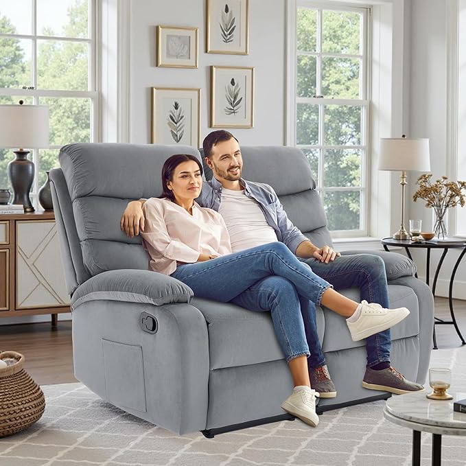 Velvet Recliner Loveseat Manual Double Loveseat Recliner RV Reclining Love Seat with Side Pockets for Living Room Home Theater