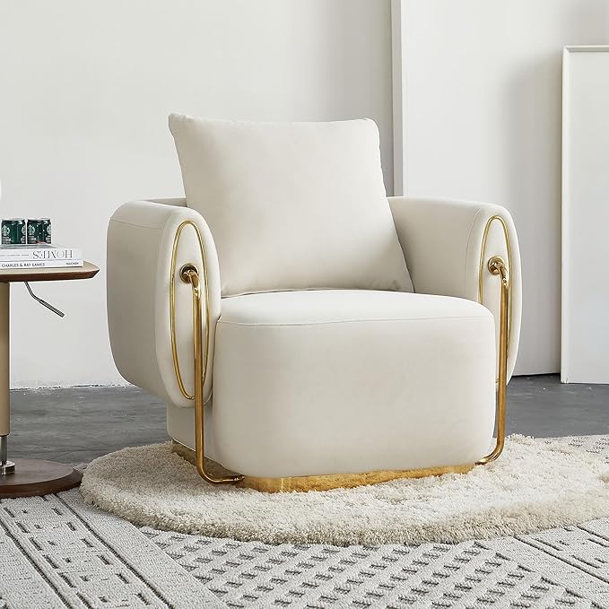 35.83'' W Luxury Modern Single ChairAccent ChairArm Chair for Living RoomBedroomWaiting RoomStainless Steel e and Base in Gold ColorUpholstered Soft Velvet Beige Color