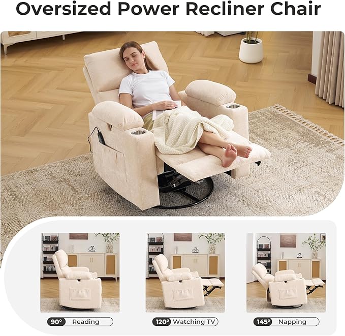 Rocking Chair Nursery with Adjustable Armrests Electric Glider Recliner Nursing Chair for Breastfeeding Power Swivel Recliner Chairs with Massage and Heat Adjustable Headrest  FSC Certified Beige
