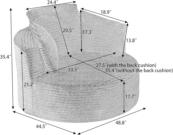 Oversized Round Chair 48W Corduroy Comfy Circle Armchair with Deep Seat &amp 3 Pillows Upholstered Floor Boneless Chair Fluffy Modern Cozy Sofa Chairs for Living Room Bedroom Apartment(Blue)