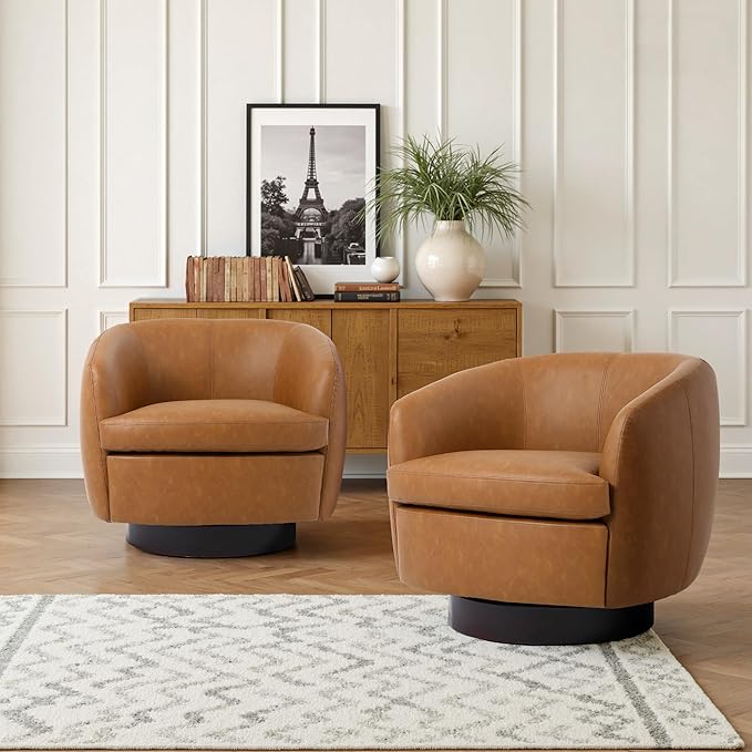 Swivel Barrel Accent Chair Comfy Modern Upholstered Round Faux Leather Reading Arm Chair for Living Room Bedroom (Light Brown Set of 2)