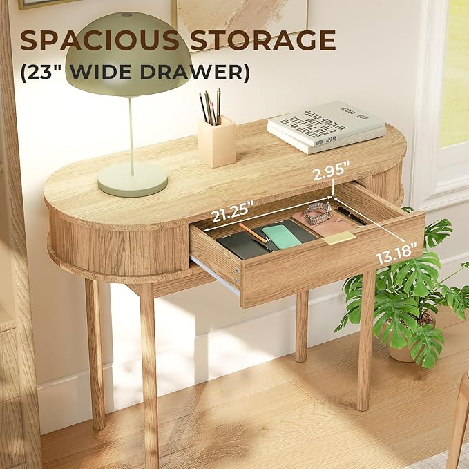Writing Desk with Drawer 39 Small Computer Desk with Fluted Design Oval Wood Study Table for Small Space Modern Home Office Desk Makeup Vanity Table for Bedroom Oak