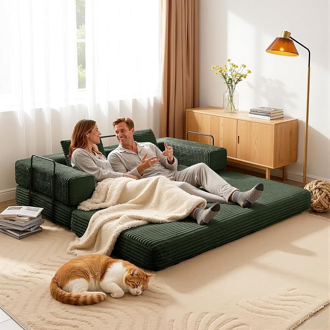 81'' Futon Sofa Bed Folding Floor Couch Bed Corduroy Fabric Boneless Couch Compressed Boneless Sofa in a Box Comfy Sleeper for Living Room-Green