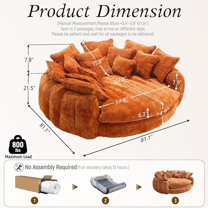 81.1W Oversized Round Chaise Lounge Chair Indoor Sofa Bed Extra Wide Round Couch for 2 People Oversized Chair with 14 Pillows Comfy Cloud Reading Couch Fluffy Sleeper Sofa for Living Room (Orange)