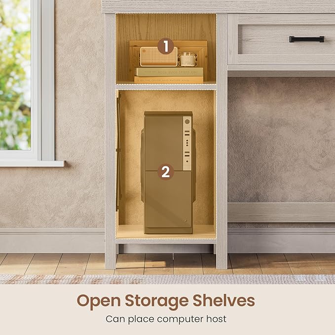 SEDETA Farmhouse Small Desk with Drawers 40 Computer Desk with Storage Shelves Writing Desk for Small Space and Power Outlet Desk for Bedroom Home Office Mahogany Grey