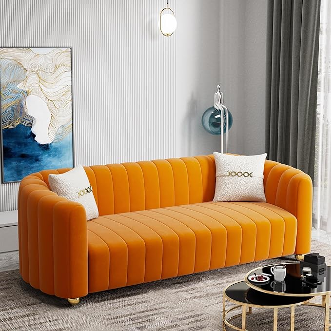 Modern Orange Velvet Couch for Living Room 83.46 Curved Sofa with Gold Metal Sphere Legs 3 Seater Upholstered Cute Couch (Velvet Orange)